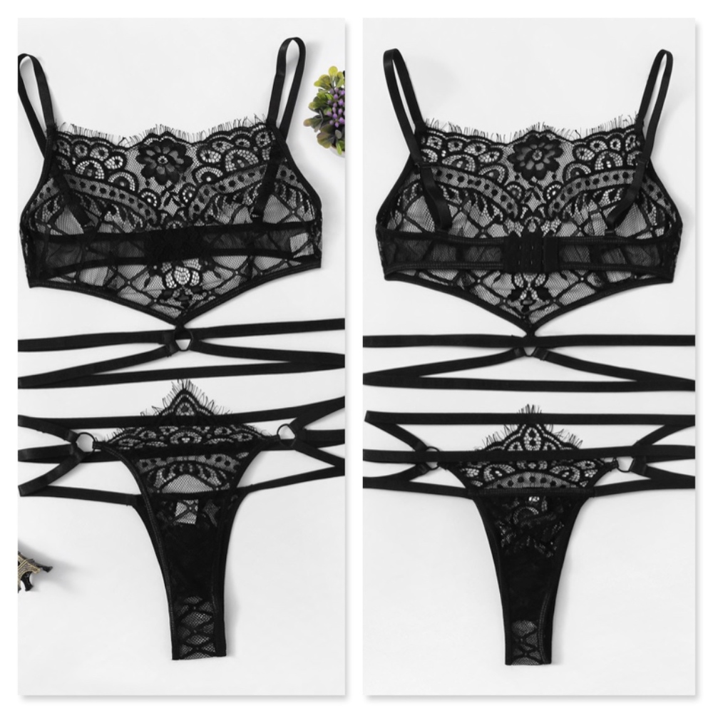 Black Strappy Lace Lingerie Set Bra Thongs - Picture 7 of 8
